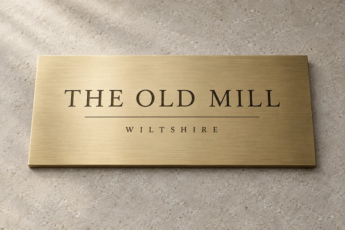 Photorealistic concept illustration of an engraved Brass plaque